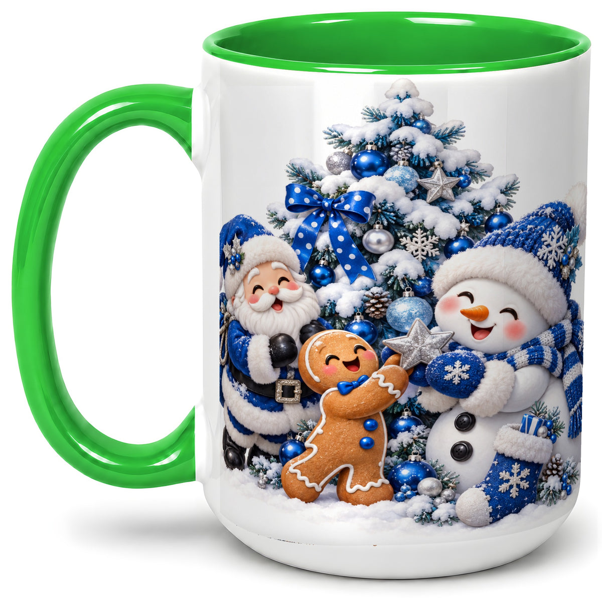 #pl[15oz|Green] Blue Santa Snowman Accent Mug, Ceramic Cup with Christmas Art