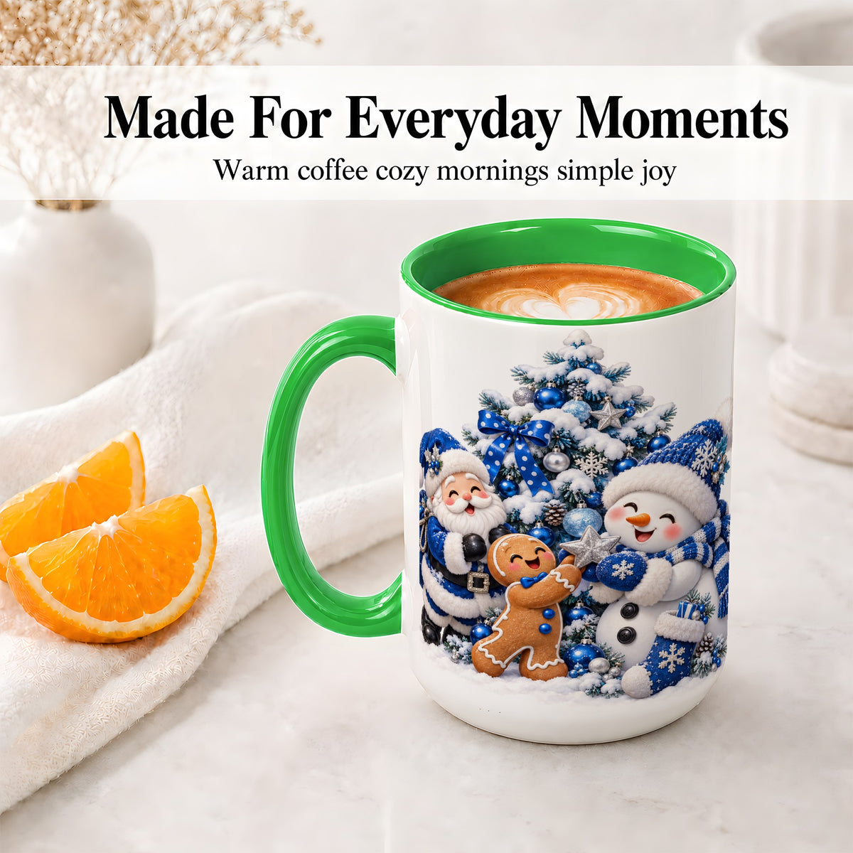 #pl[15oz|Green] Blue Santa Snowman Accent Mug, Ceramic Cup with Christmas Art