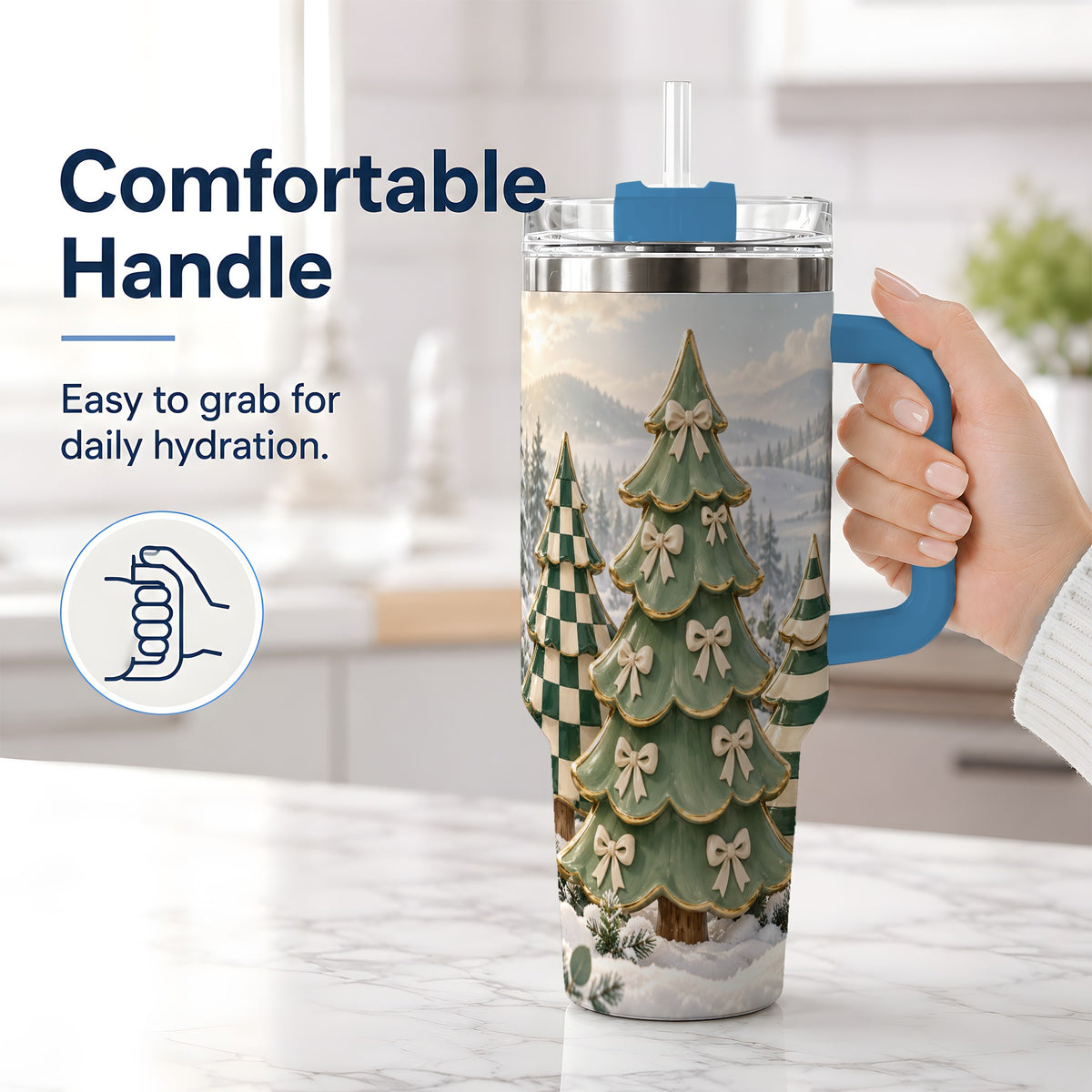 #pl[40oz|Blue] Green Striped Christmas Tumbler, 40oz Handled Stainless Steel Cup