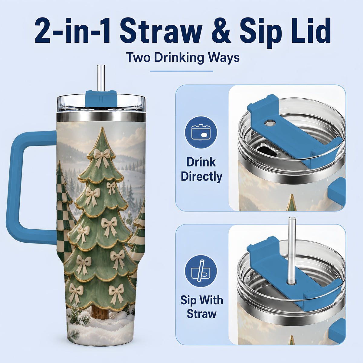 #pl[40oz|Blue] Green Striped Christmas Tumbler, 40oz Handled Stainless Steel Cup