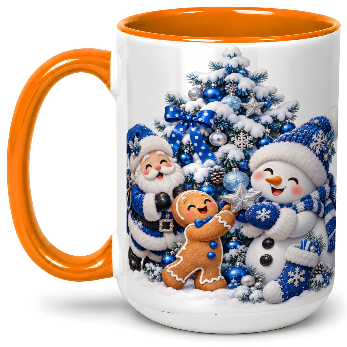 #pl[15oz|Orange] Blue Santa Snowman Accent Mug, Ceramic Cup with Christmas Art