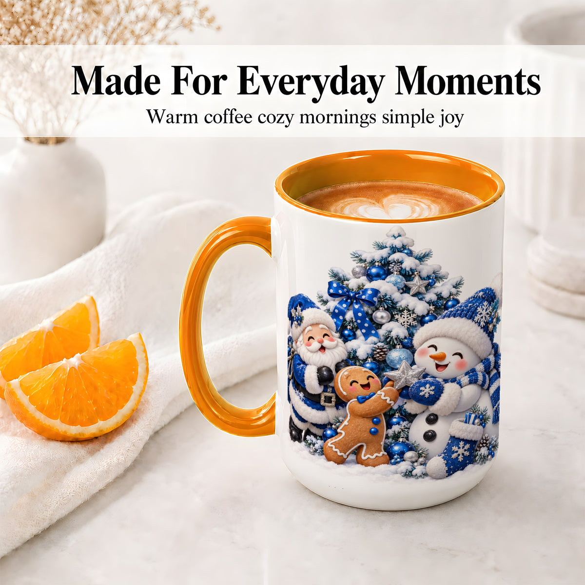 #pl[15oz|Orange] Blue Santa Snowman Accent Mug, Ceramic Cup with Christmas Art