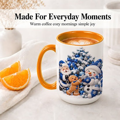 #pl[15oz|Orange] Blue Santa Snowman Accent Mug, Ceramic Cup with Christmas Art