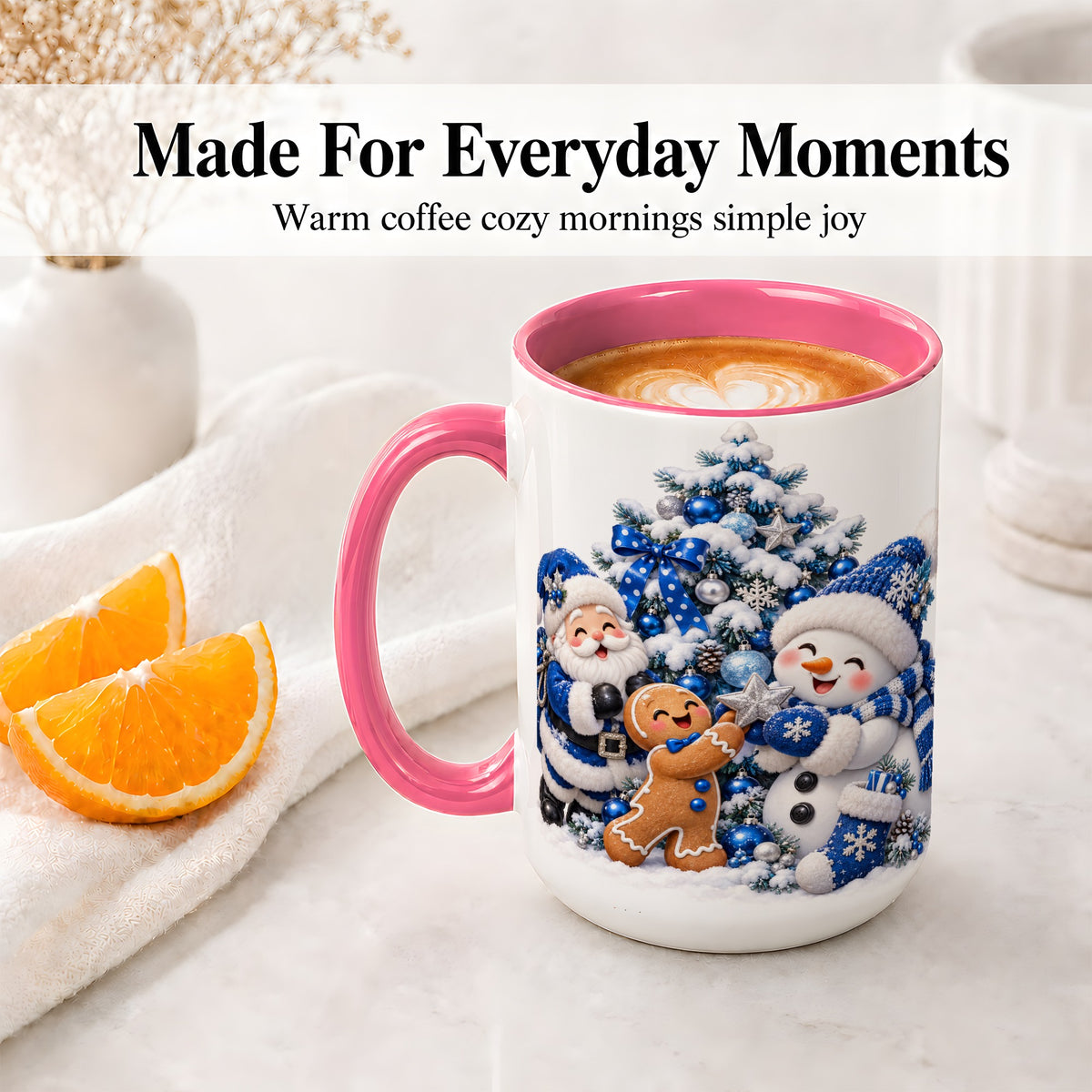 #pl[15oz|Pink] Blue Santa Snowman Accent Mug, Ceramic Cup with Christmas Art
