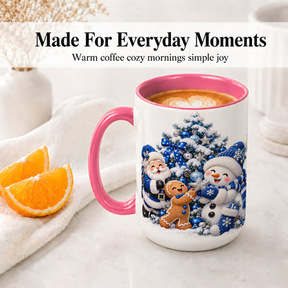#pl[15oz|Pink] Blue Santa Snowman Accent Mug, Ceramic Cup with Christmas Art