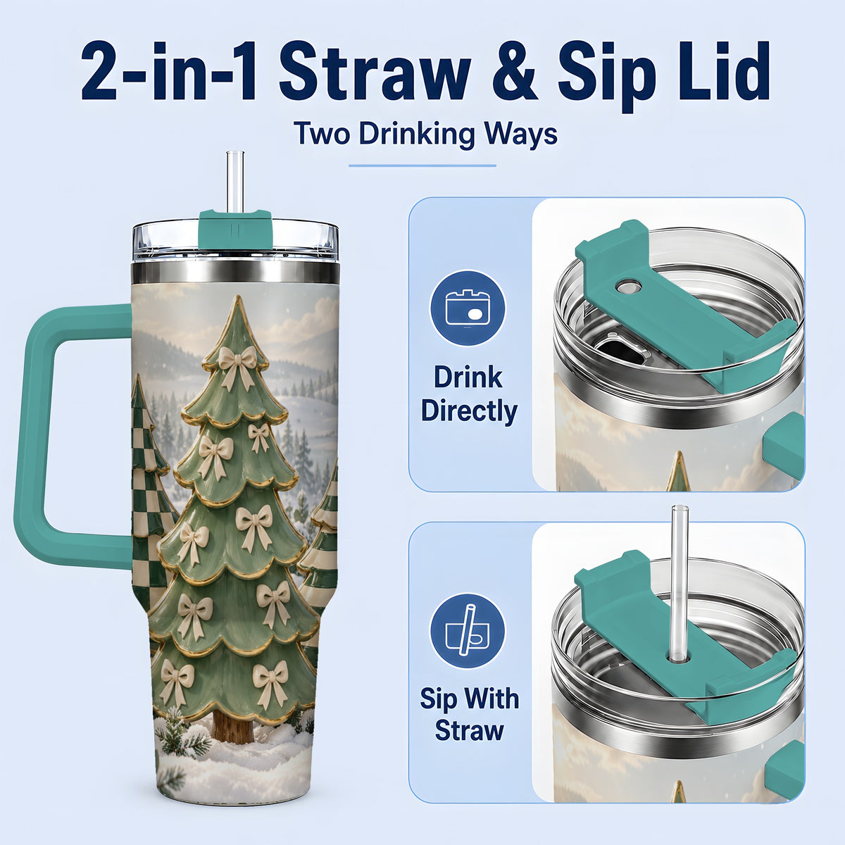 #pl[40oz|Green] Green Striped Christmas Tumbler, 40oz Handled Stainless Steel Cup