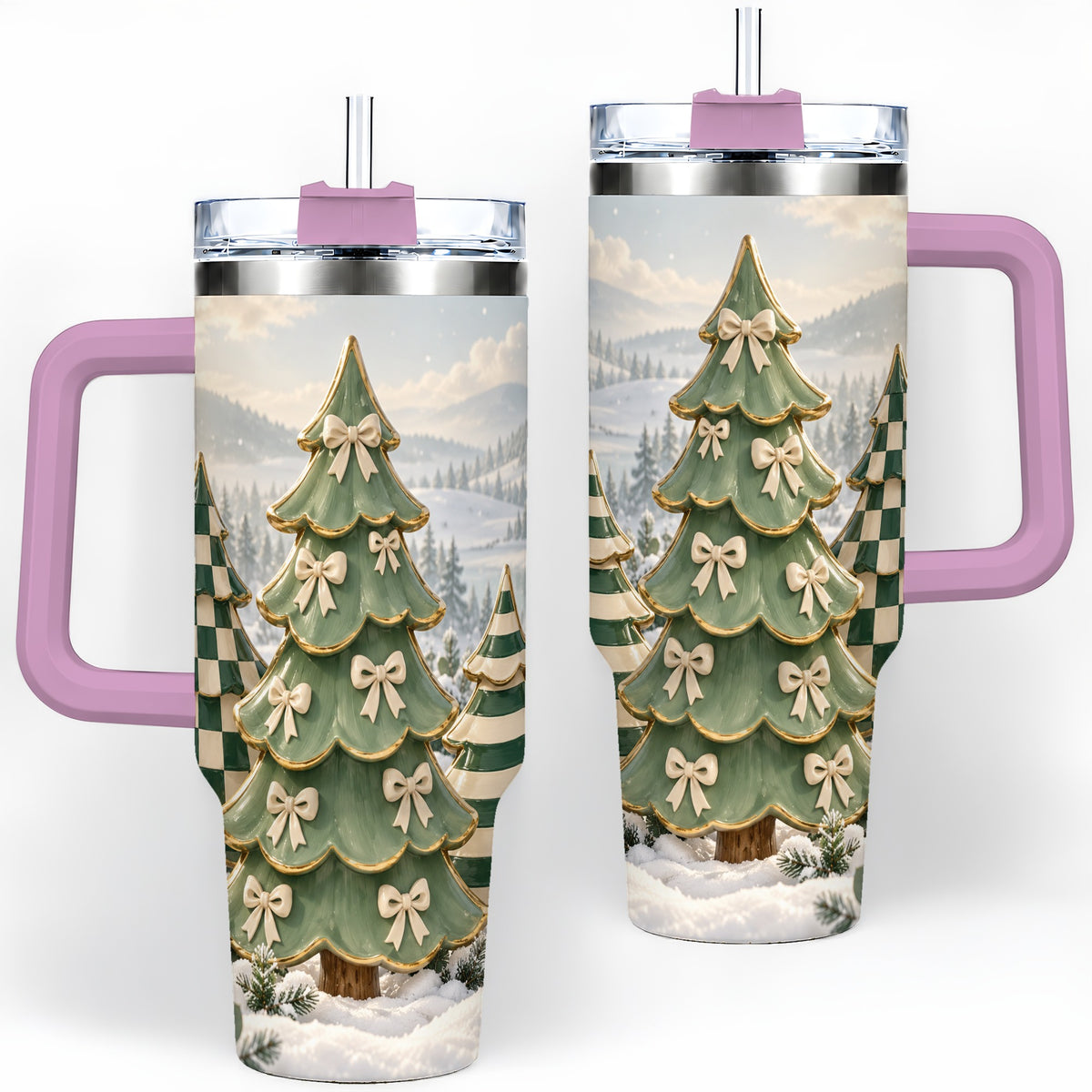 #pl[40oz|Pink] Green Striped Christmas Tumbler, 40oz Handled Stainless Steel Cup