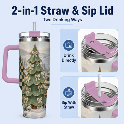 #pl[40oz|Pink] Green Striped Christmas Tumbler, 40oz Handled Stainless Steel Cup
