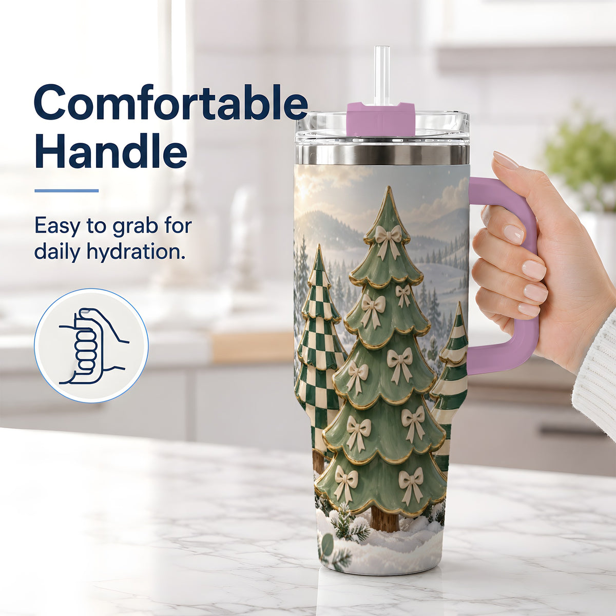 #pl[40oz|Pink] Green Striped Christmas Tumbler, 40oz Handled Stainless Steel Cup