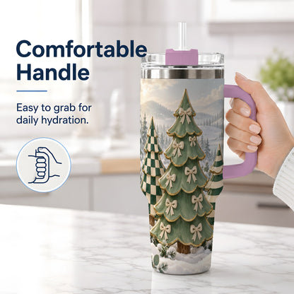 #pl[40oz|Pink] Green Striped Christmas Tumbler, 40oz Handled Stainless Steel Cup