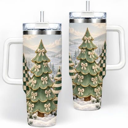 Green Striped Christmas Tumbler, 40oz Handled Stainless Steel Cup
