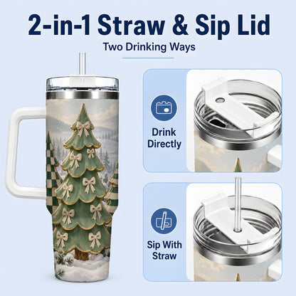 #pl[40oz|White] Green Striped Christmas Tumbler, 40oz Handled Stainless Steel Cup
