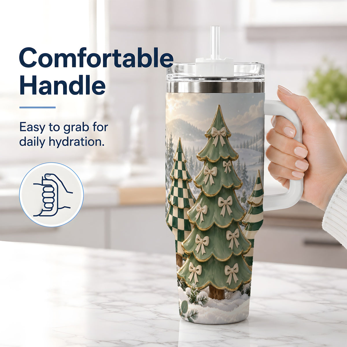 #pl[40oz|White] Green Striped Christmas Tumbler, 40oz Handled Stainless Steel Cup