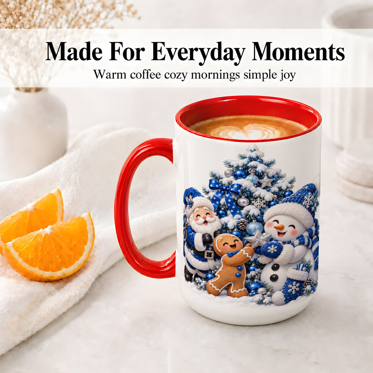 #pl[15oz|Red] Blue Santa Snowman Accent Mug, Ceramic Cup with Christmas Art
