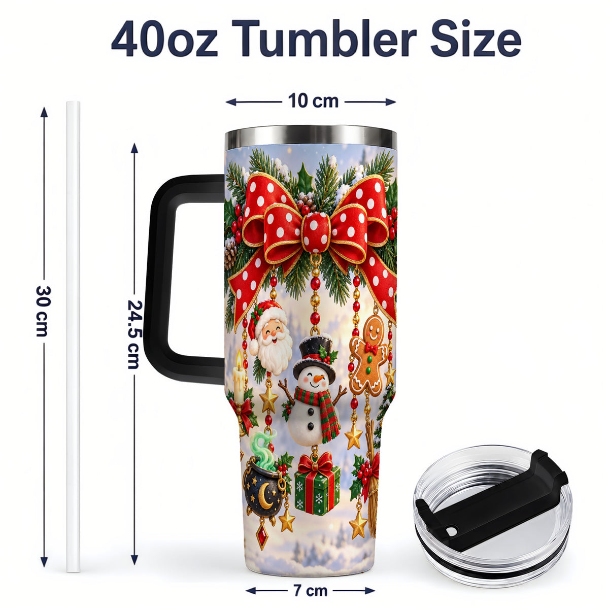 #pl[40oz|Black] Christmas Bow Handled Tumbler, 40oz Festive Ornament Drinkware