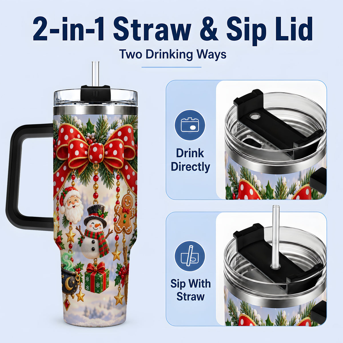 #pl[40oz|Black] Christmas Bow Handled Tumbler, 40oz Festive Ornament Drinkware