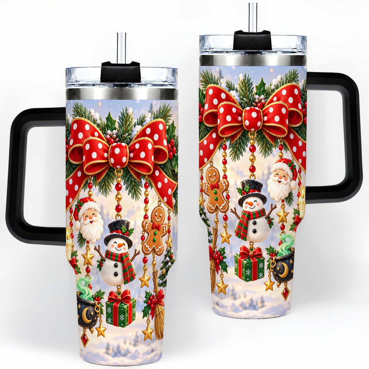 #pl[40oz|Black] Christmas Bow Handled Tumbler, 40oz Festive Ornament Drinkware