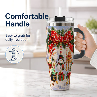 #pl[40oz|Black] Christmas Bow Handled Tumbler, 40oz Festive Ornament Drinkware