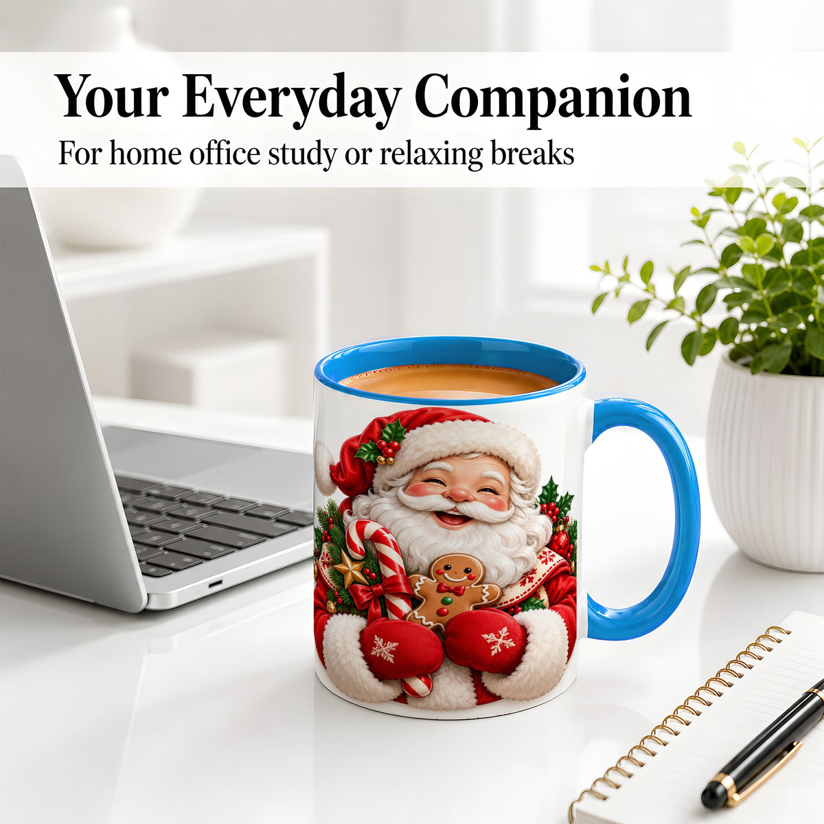 #pl[11oz|Blue] Jolly Santa Claus Accent Mug, Ceramic Cup with Christmas Artwork