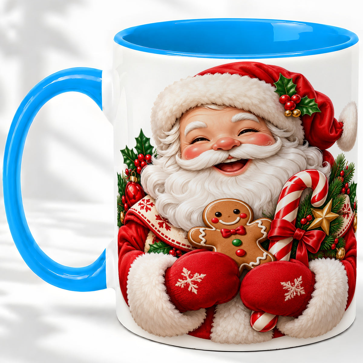 #pl[11oz|Blue] Jolly Santa Claus Accent Mug, Ceramic Cup with Christmas Artwork