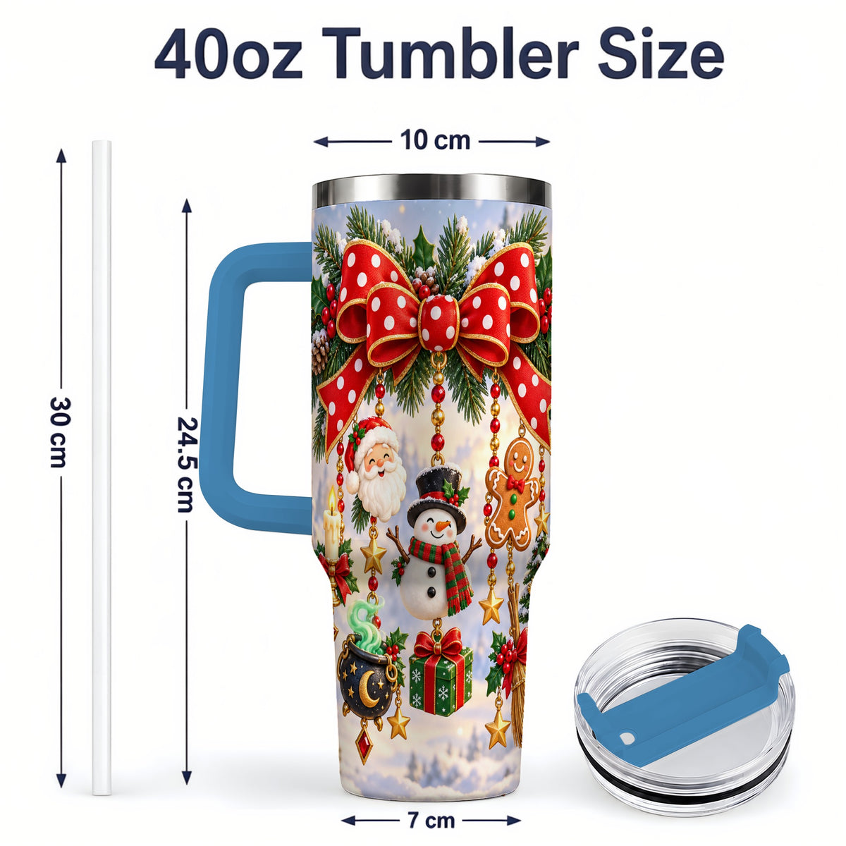 #pl[40oz|Blue] Christmas Bow Handled Tumbler, 40oz Festive Ornament Drinkware