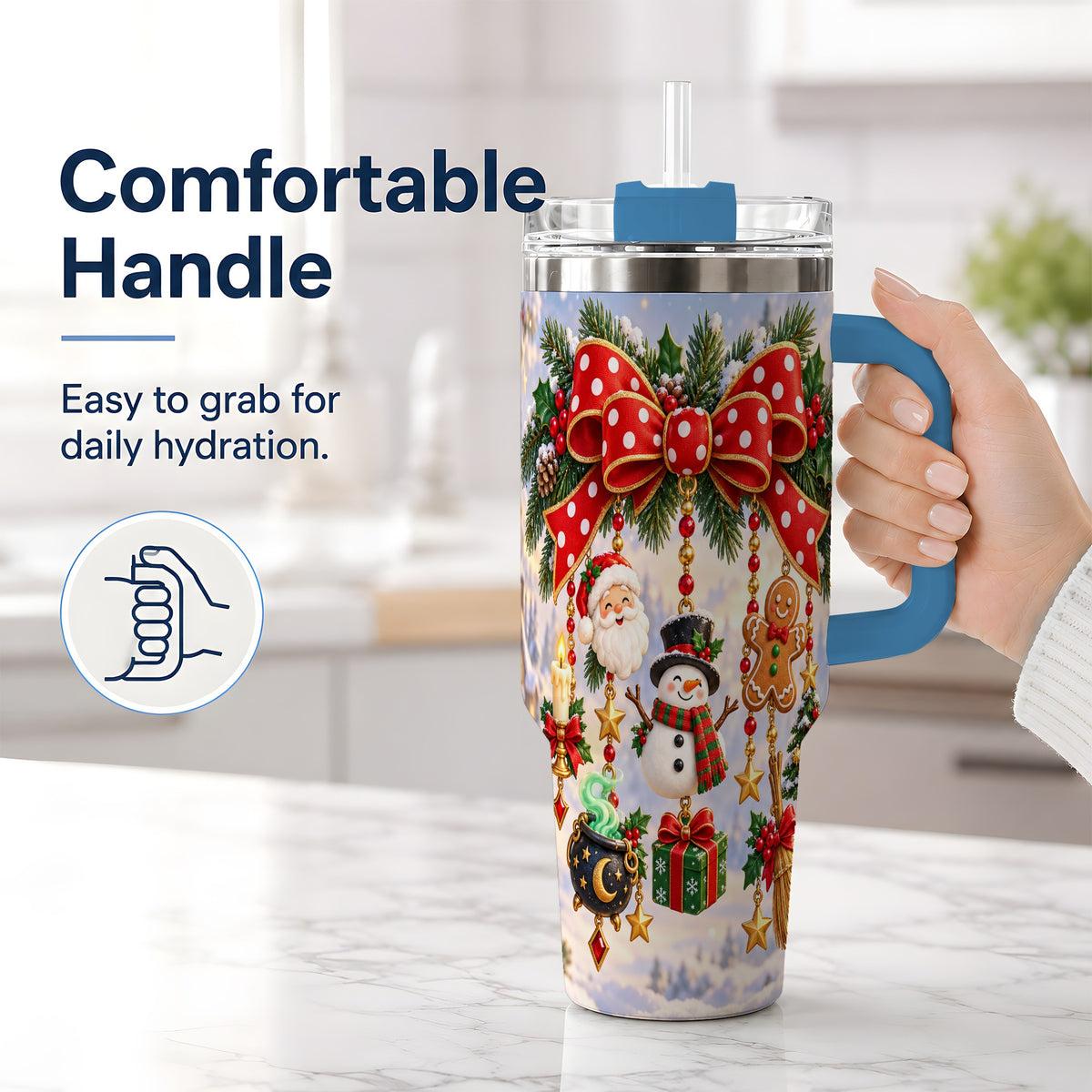 #pl[40oz|Blue] Christmas Bow Handled Tumbler, 40oz Festive Ornament Drinkware