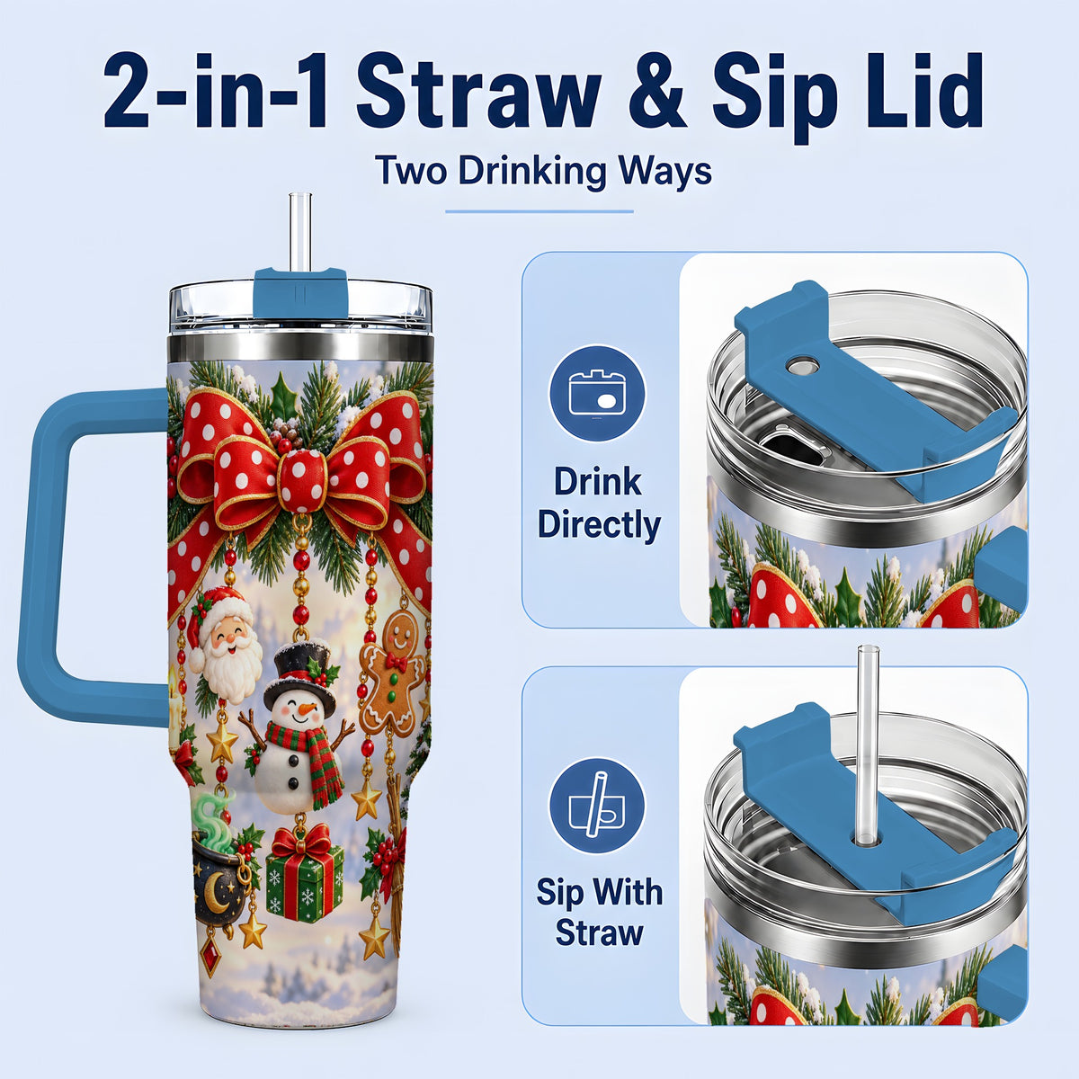 #pl[40oz|Blue] Christmas Bow Handled Tumbler, 40oz Festive Ornament Drinkware
