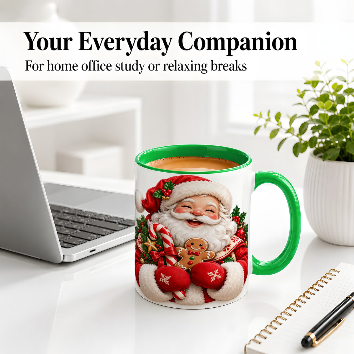 #pl[11oz|Green] Jolly Santa Claus Accent Mug, Ceramic Cup with Christmas Artwork