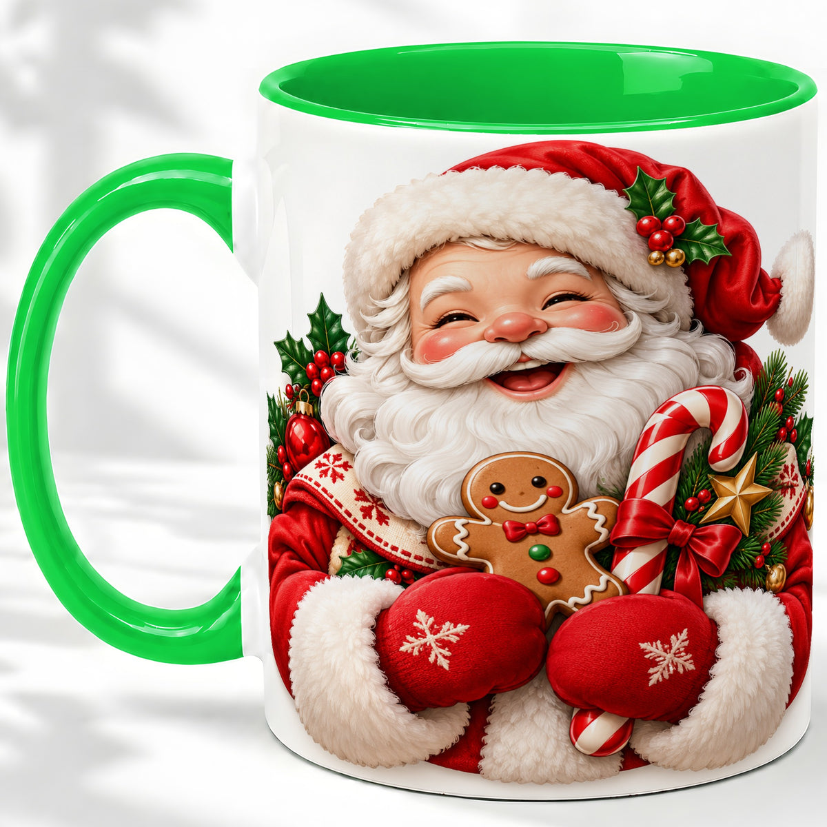 #pl[11oz|Green] Jolly Santa Claus Accent Mug, Ceramic Cup with Christmas Artwork