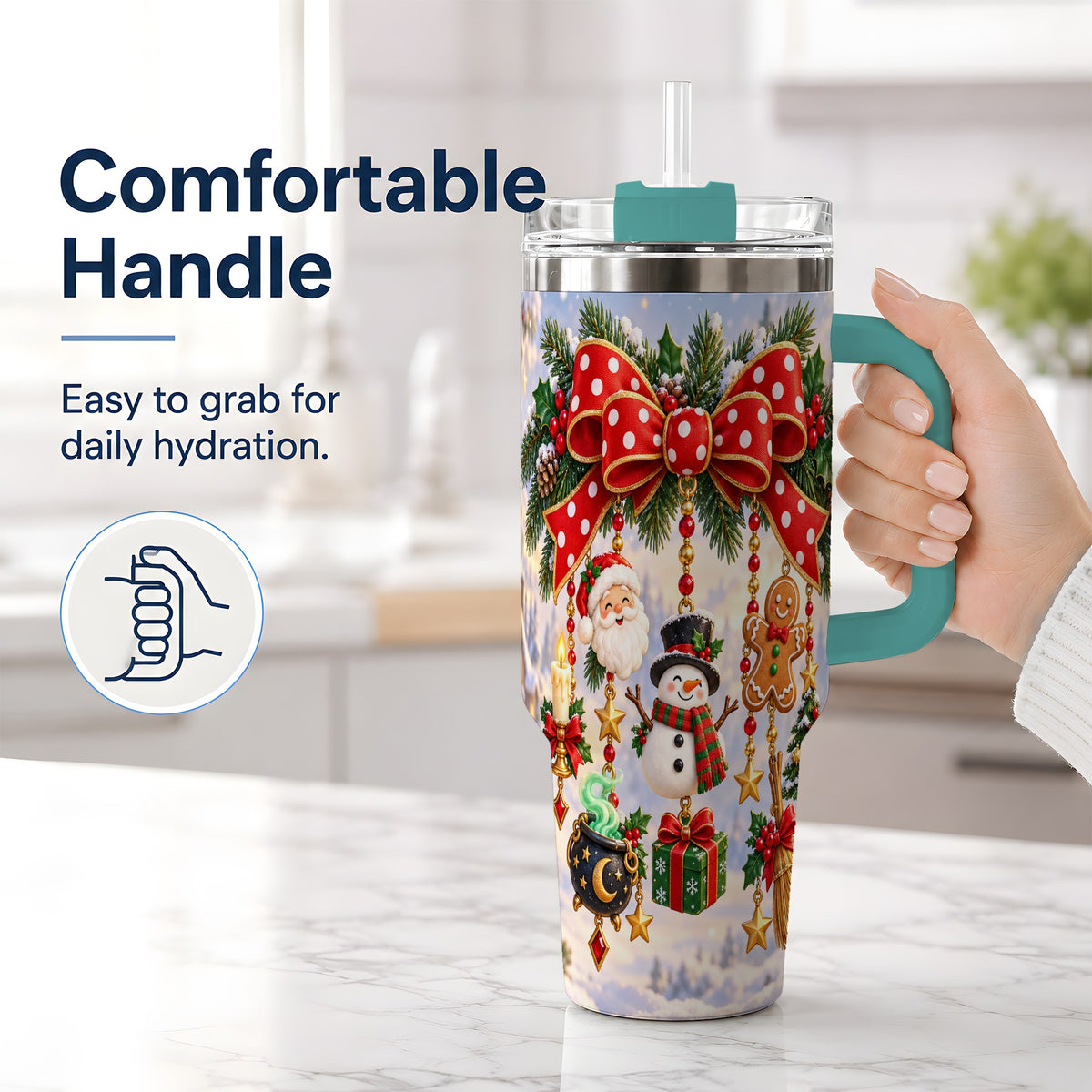 #pl[40oz|Green] Christmas Bow Handled Tumbler, 40oz Festive Ornament Drinkware