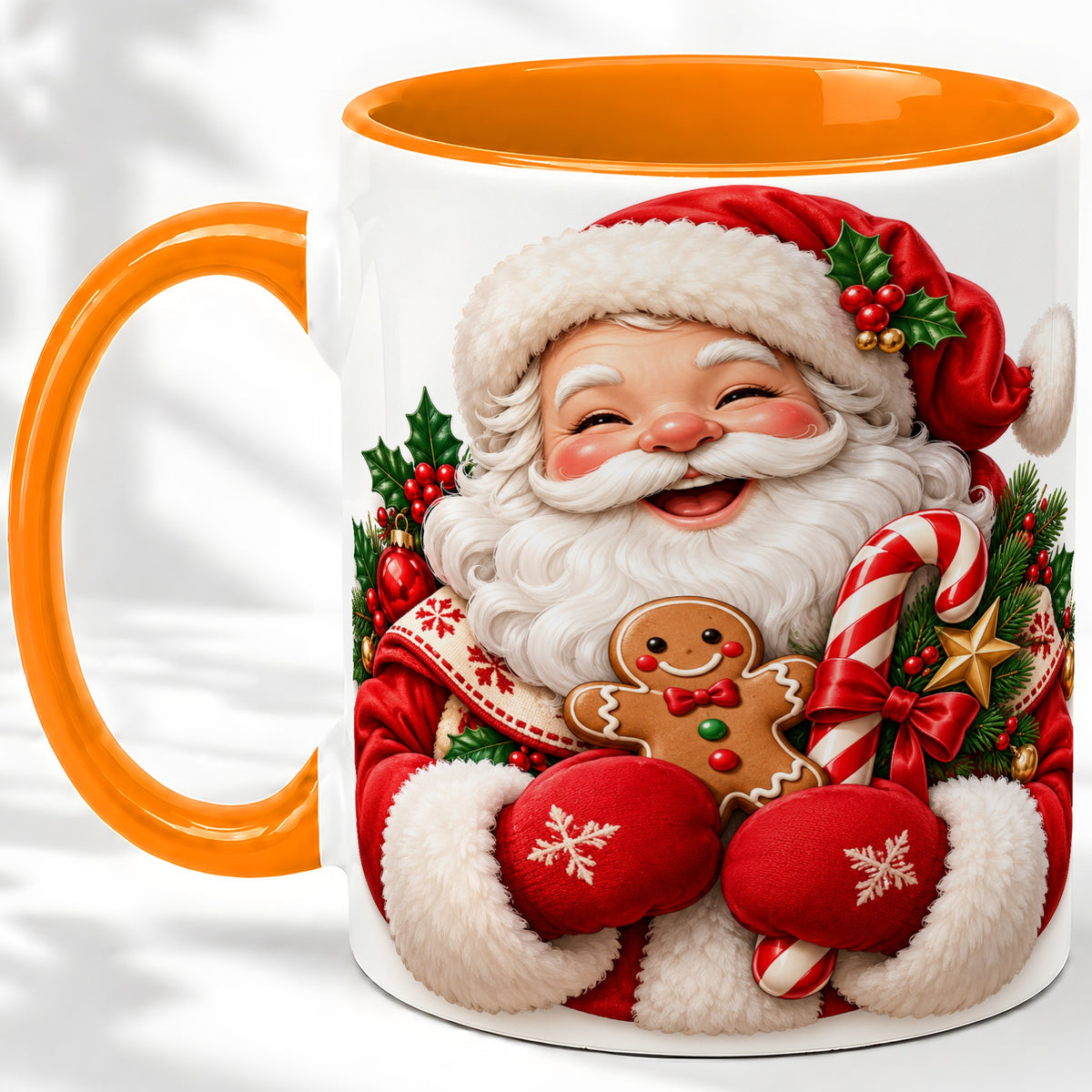 #pl[11oz|Orange] Jolly Santa Claus Accent Mug, Ceramic Cup with Christmas Artwork