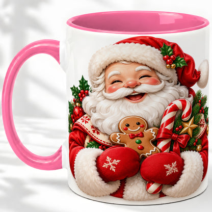 #pl[11oz|Pink] Jolly Santa Claus Accent Mug, Ceramic Cup with Christmas Artwork