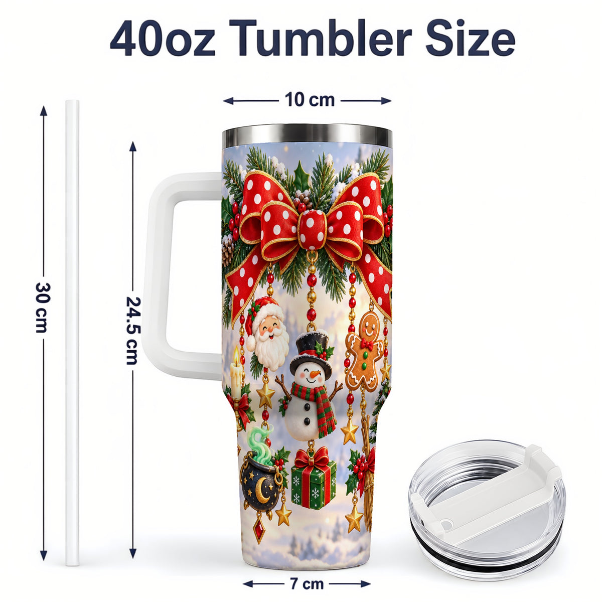 #pl[40oz|White] Christmas Bow Handled Tumbler, 40oz Festive Ornament Drinkware