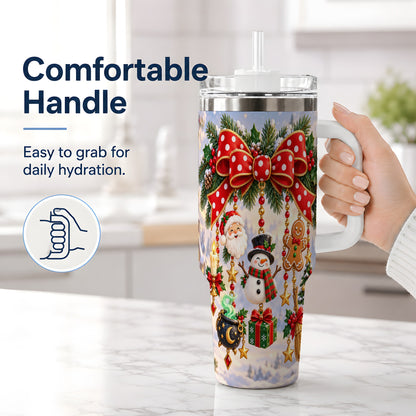 #pl[40oz|White] Christmas Bow Handled Tumbler, 40oz Festive Ornament Drinkware