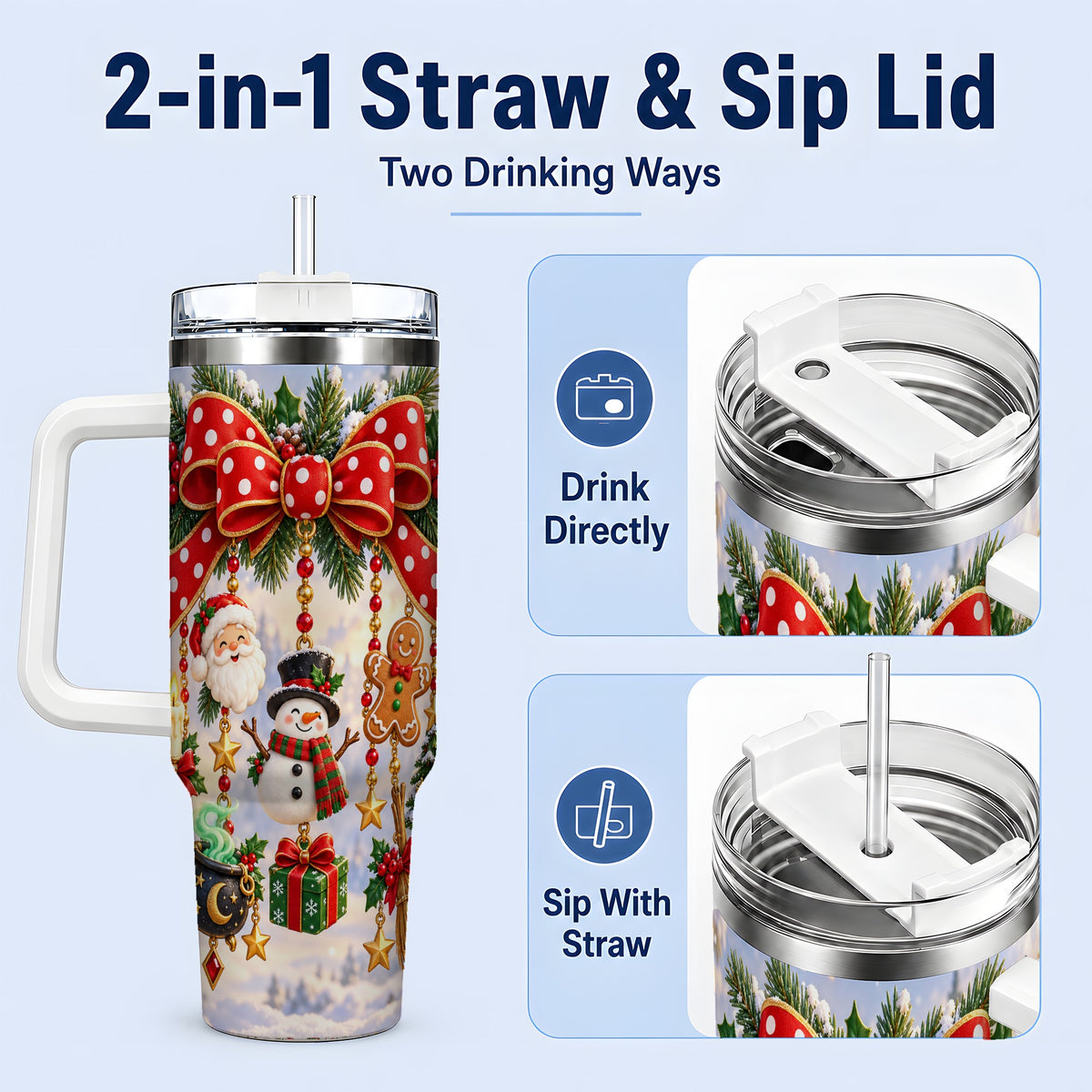 #pl[40oz|White] Christmas Bow Handled Tumbler, 40oz Festive Ornament Drinkware