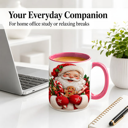 #pl[11oz|Pink] Jolly Santa Claus Accent Mug, Ceramic Cup with Christmas Artwork