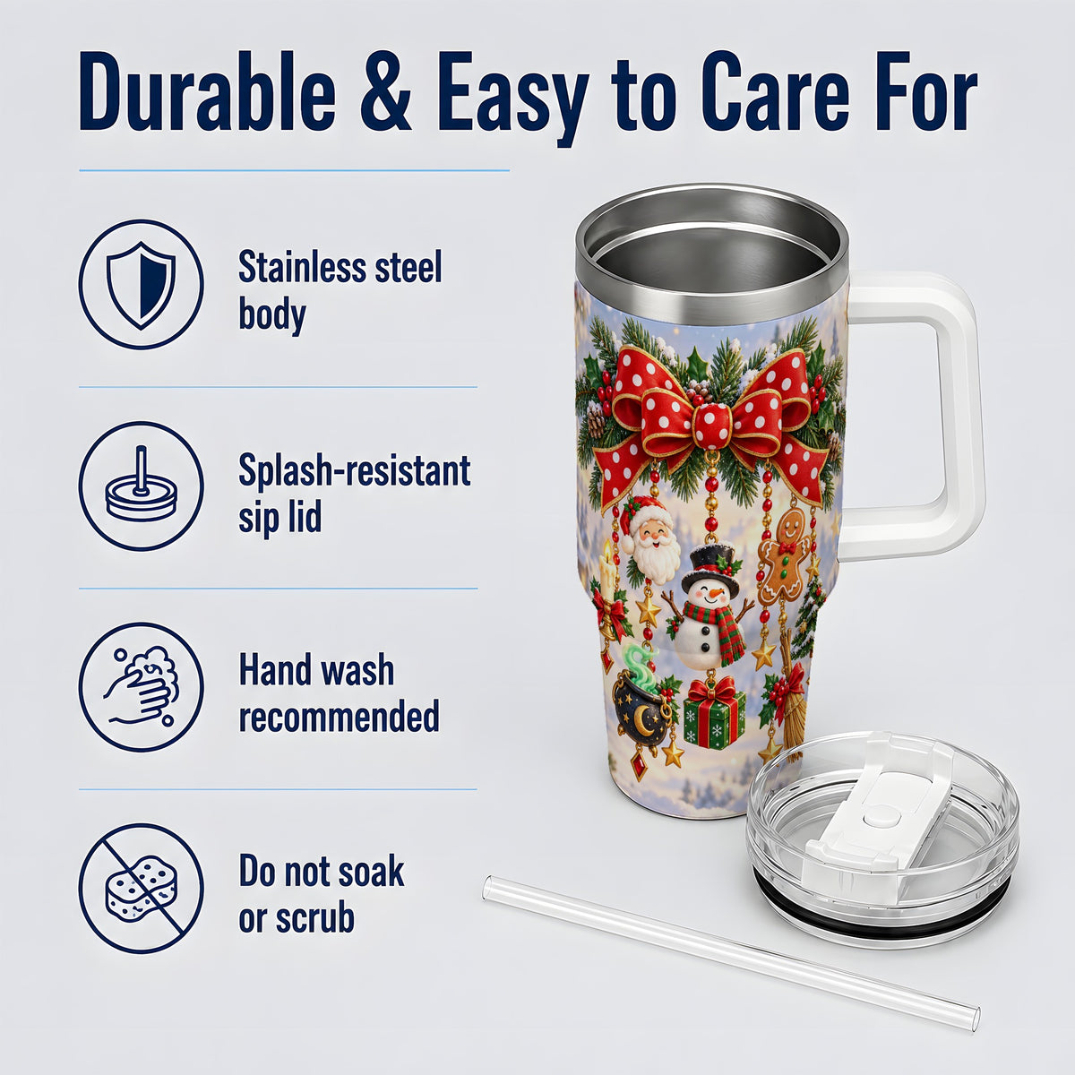 Christmas Bow Handled Tumbler, 40oz Festive Ornament Drinkware