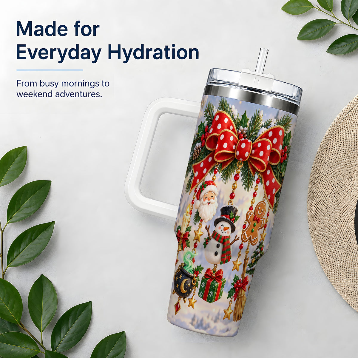 Christmas Bow Handled Tumbler, 40oz Festive Ornament Drinkware