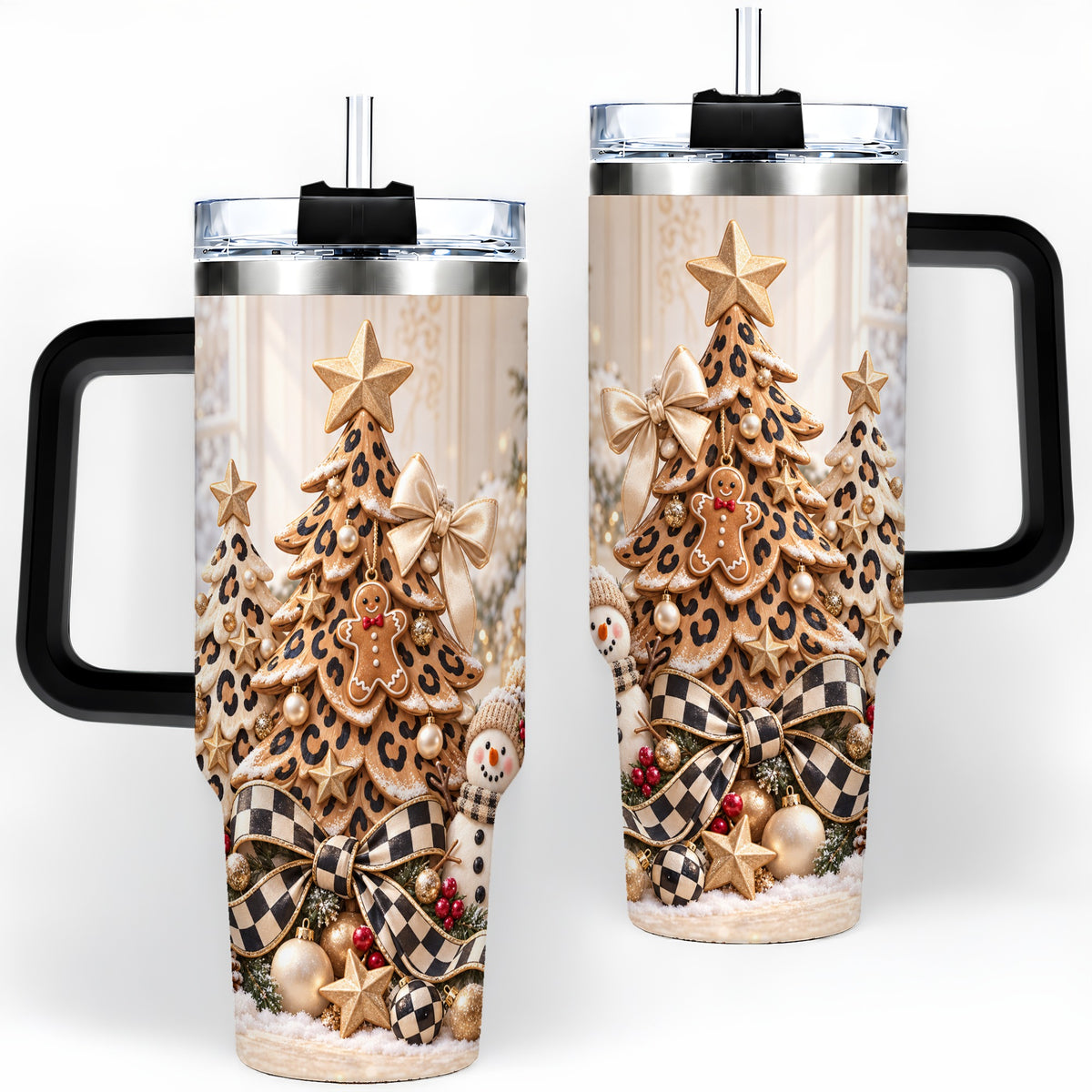 #pl[40oz|Black] Leopard Print Christmas Tumbler, 40oz Handled Holiday Drinkware