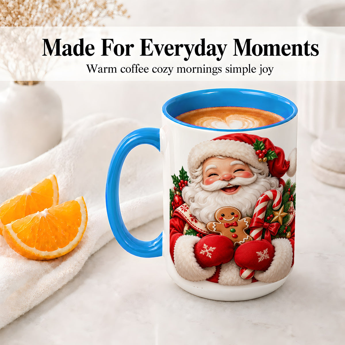 #pl[15oz|Blue] Jolly Santa Claus Accent Mug, Ceramic Cup with Christmas Artwork