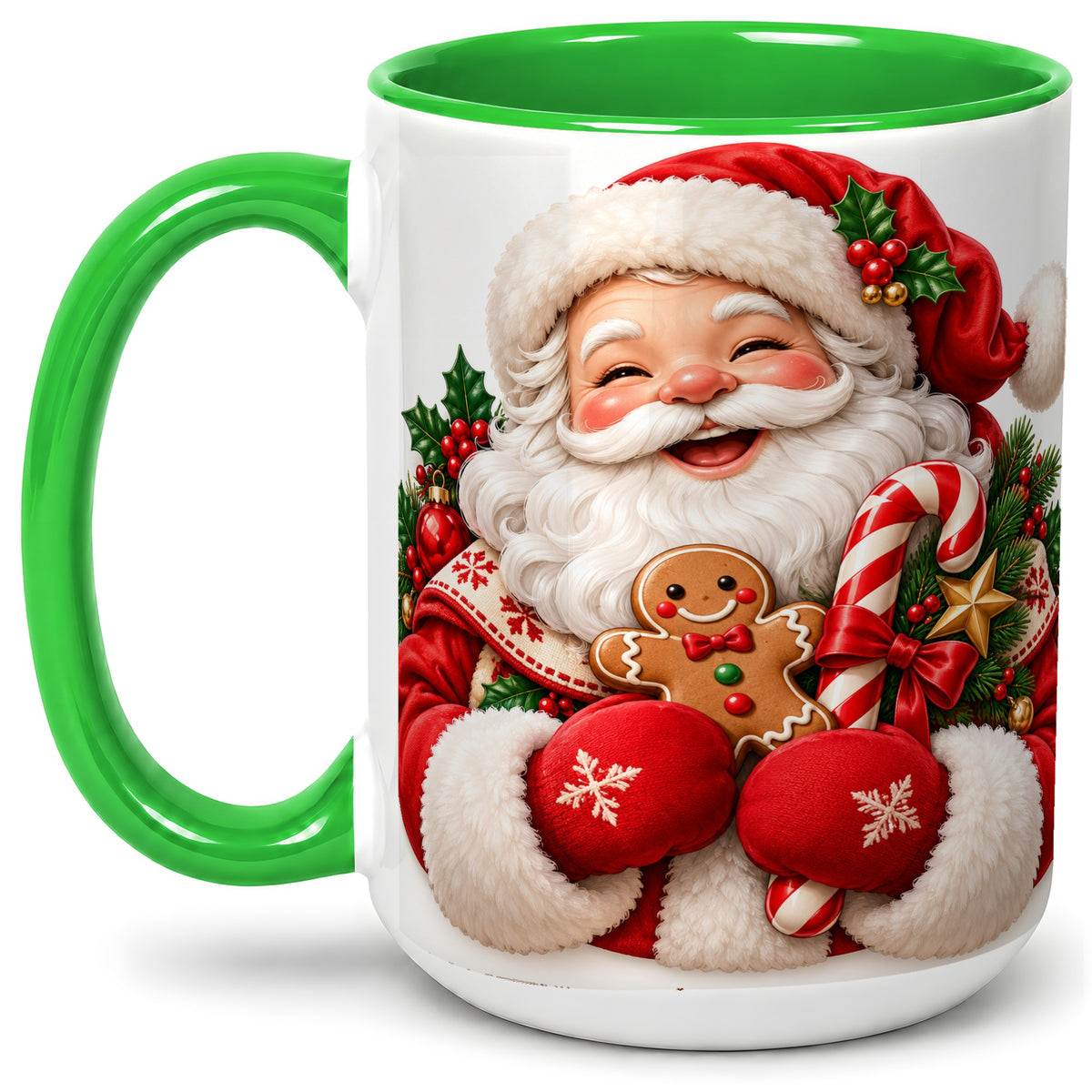 #pl[15oz|Green] Jolly Santa Claus Accent Mug, Ceramic Cup with Christmas Artwork