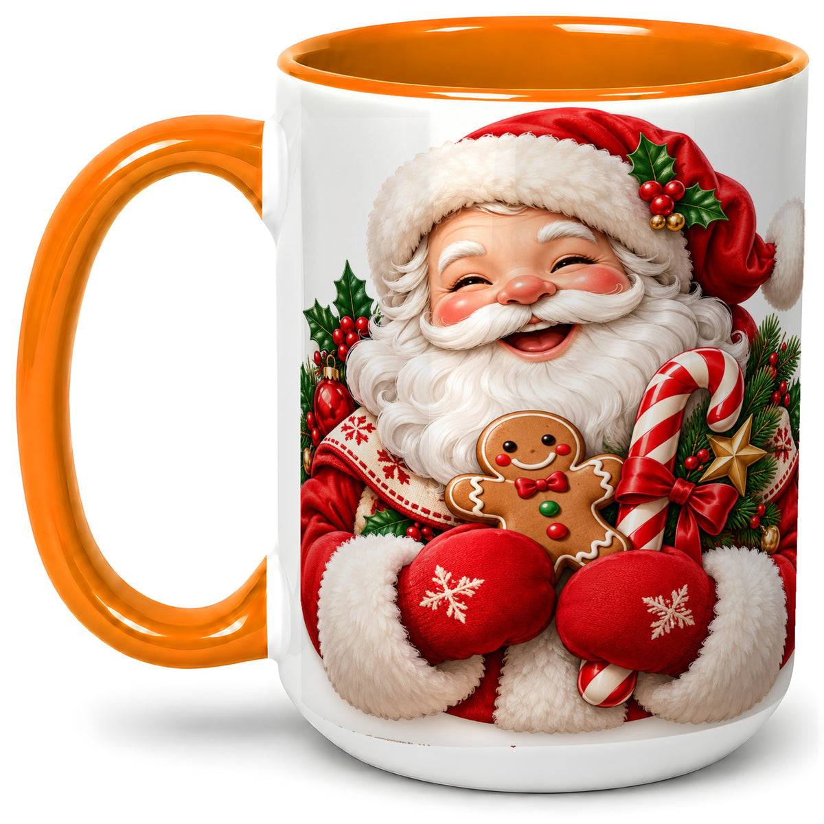 #pl[15oz|Orange] Jolly Santa Claus Accent Mug, Ceramic Cup with Christmas Artwork
