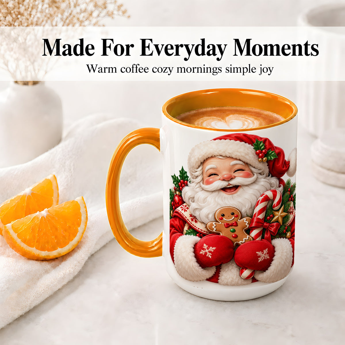 #pl[15oz|Orange] Jolly Santa Claus Accent Mug, Ceramic Cup with Christmas Artwork