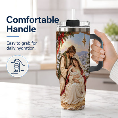 #pl[40oz|Black] Nativity Scene Handled Tumbler, 40oz Holy Family Christmas Design