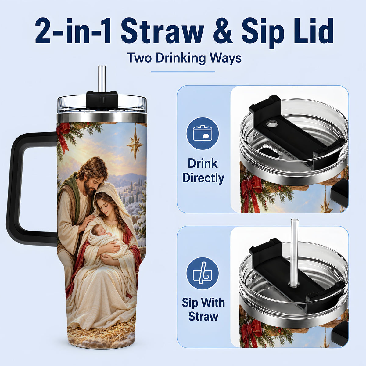 #pl[40oz|Black] Nativity Scene Handled Tumbler, 40oz Holy Family Christmas Design