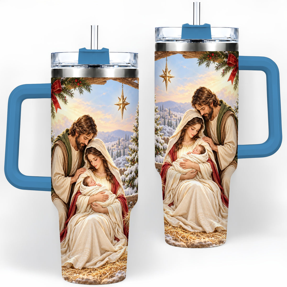 #pl[40oz|Blue] Nativity Scene Handled Tumbler, 40oz Holy Family Christmas Design
