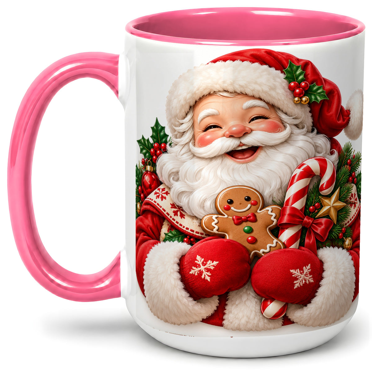 #pl[15oz|Pink] Jolly Santa Claus Accent Mug, Ceramic Cup with Christmas Artwork