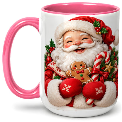 #pl[15oz|Pink] Jolly Santa Claus Accent Mug, Ceramic Cup with Christmas Artwork