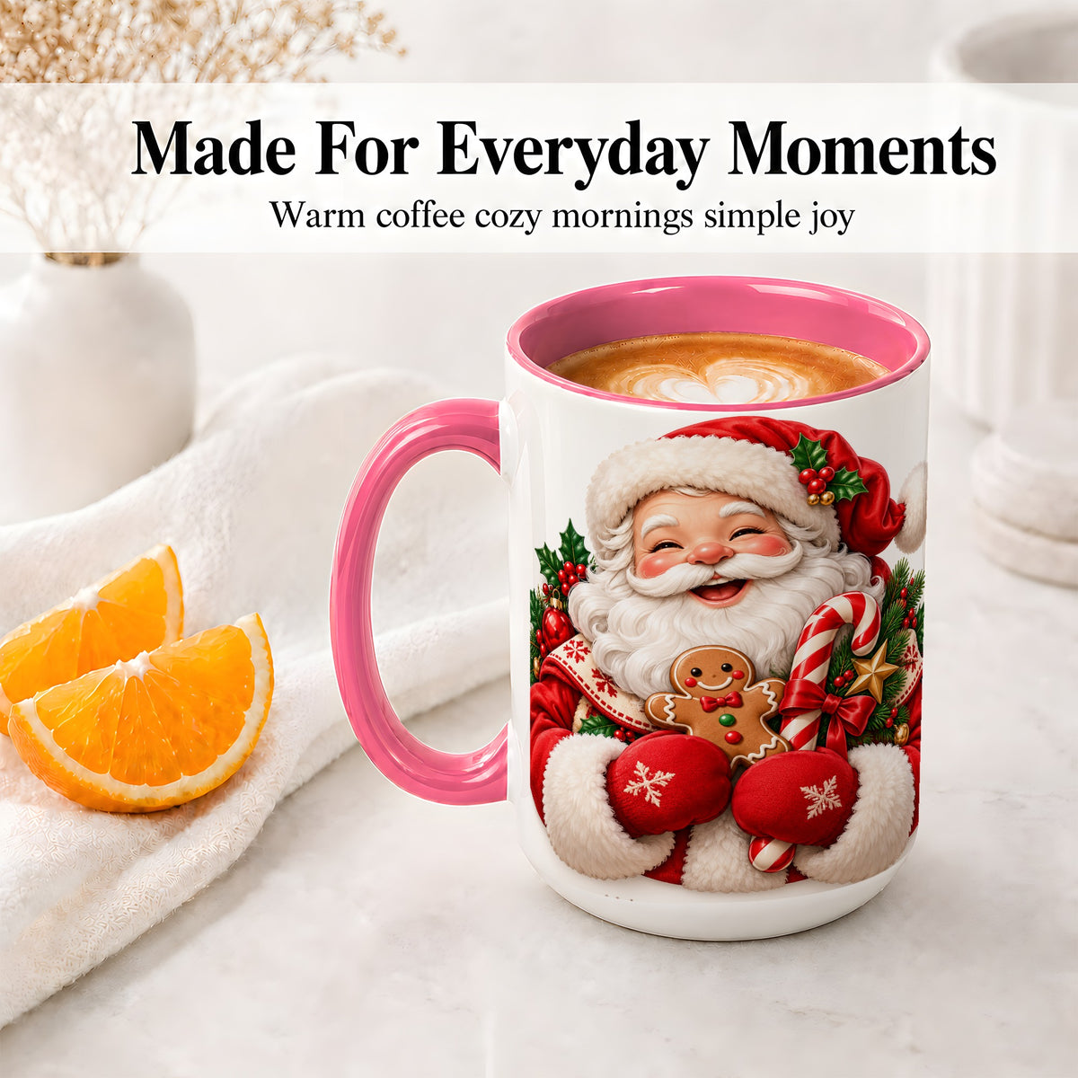 #pl[15oz|Pink] Jolly Santa Claus Accent Mug, Ceramic Cup with Christmas Artwork