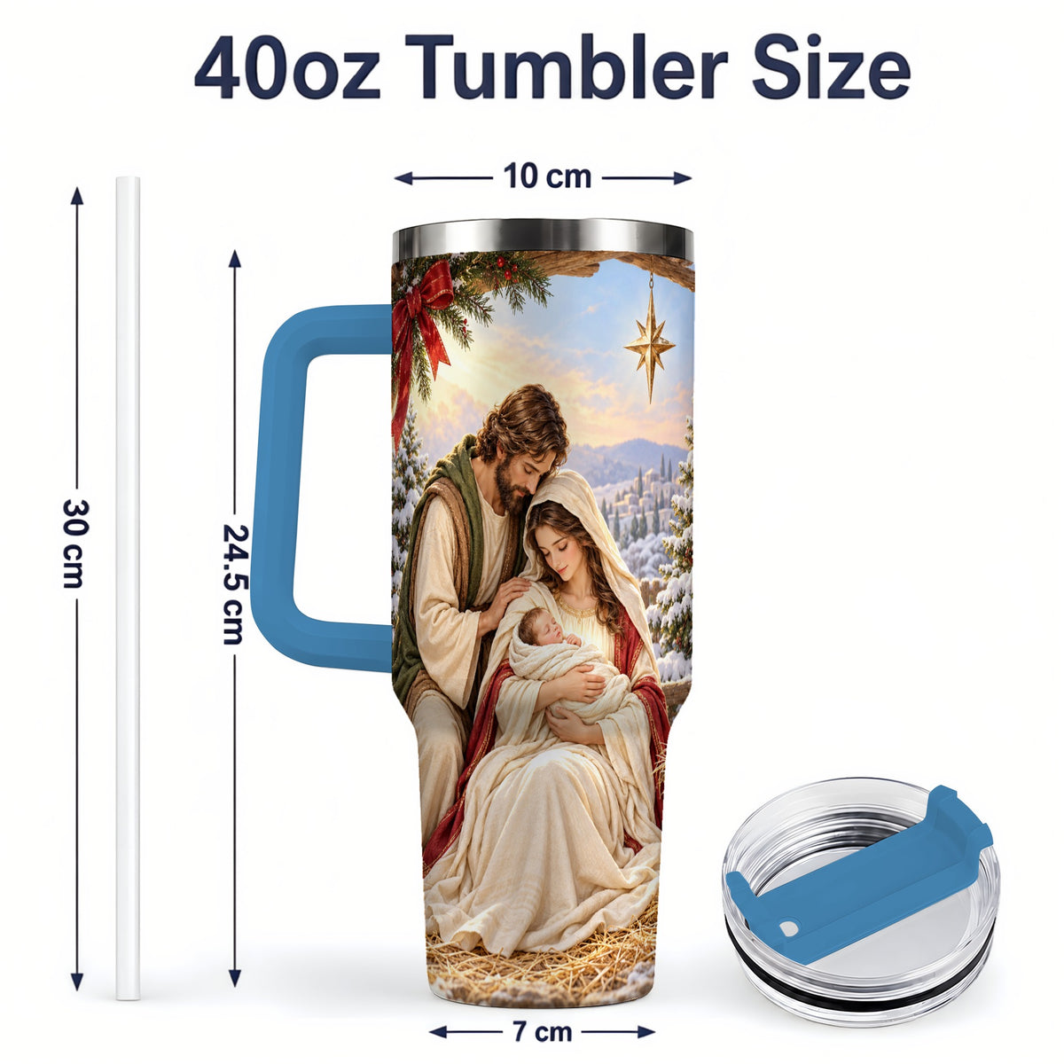 #pl[40oz|Blue] Nativity Scene Handled Tumbler, 40oz Holy Family Christmas Design